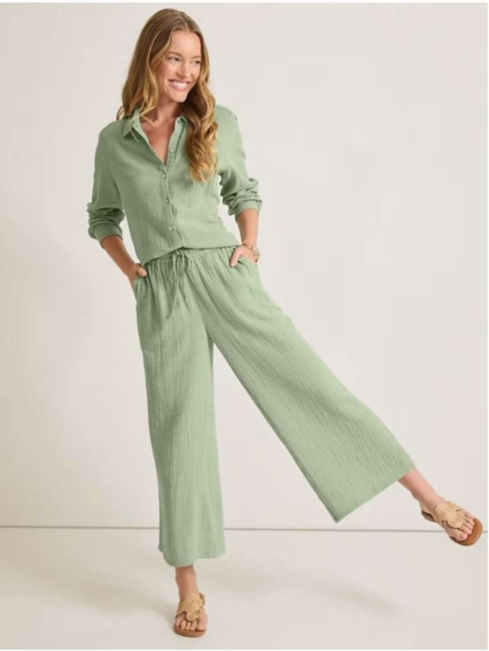 Tommy Bahama Island Gauze Wide Leg Cropped Pants XS Light Green Beachy Coastal